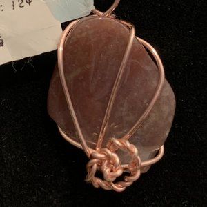 Agate (gray magenta) with wire heart twist #124 Polished Stone Pendant